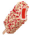 a strawberry shortcake ice cream bar. one bite has been taken out of it.